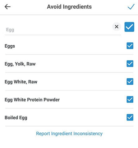search and select avoid ingredients